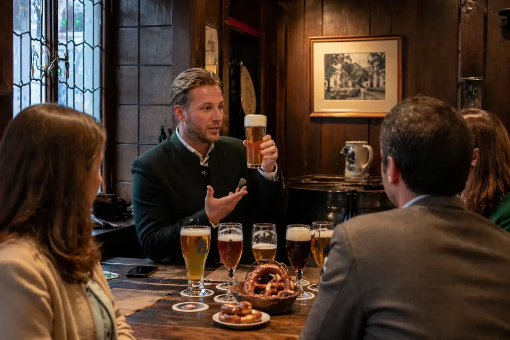 Biersommelier bei exklusiver Bierführung in München mit Verkostung in traditionellem Wirtshaus